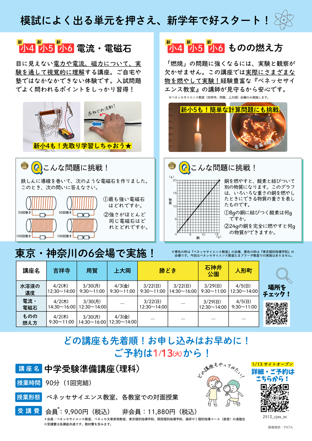 「中学準備講座理科」の「電流・電磁石」「ものの燃え方」