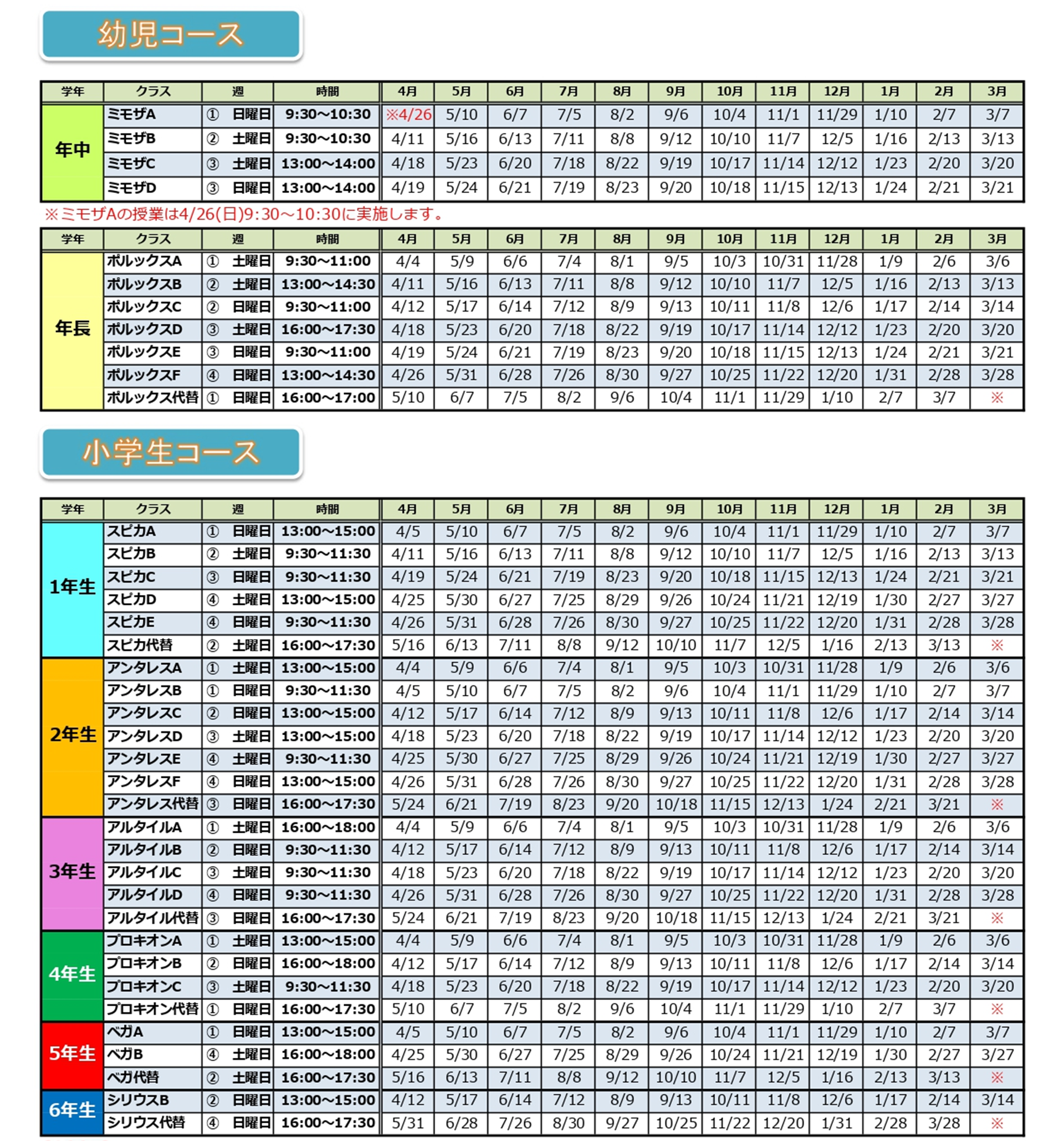 ベネッセサイエンス教室、用賀教室の2026年度日程表（時間割）