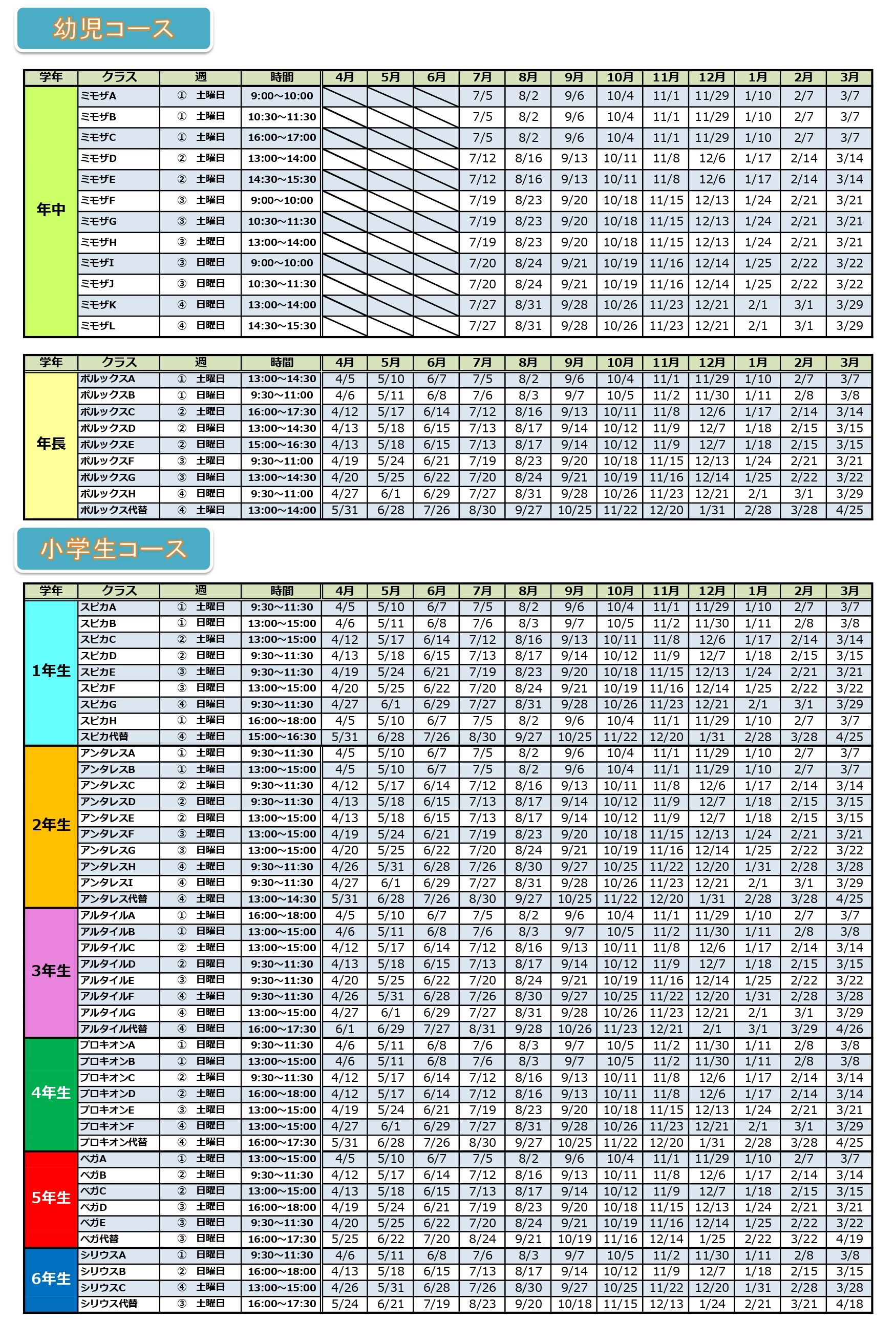 ベネッセサイエンス教室、吉祥寺教室の2025年度日程表（時間割）