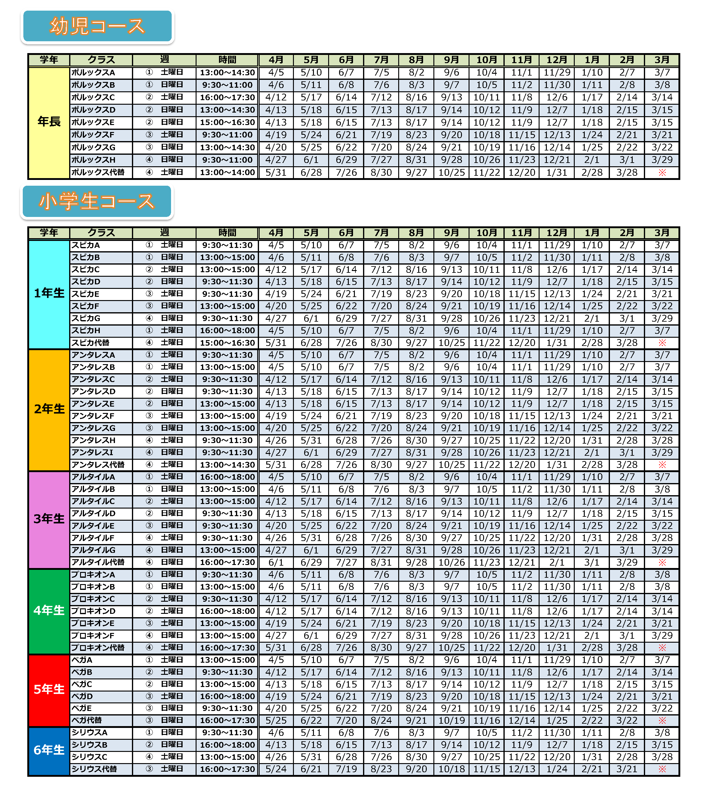 ベネッセサイエンス教室、吉祥寺教室の2025年度日程表（時間割）