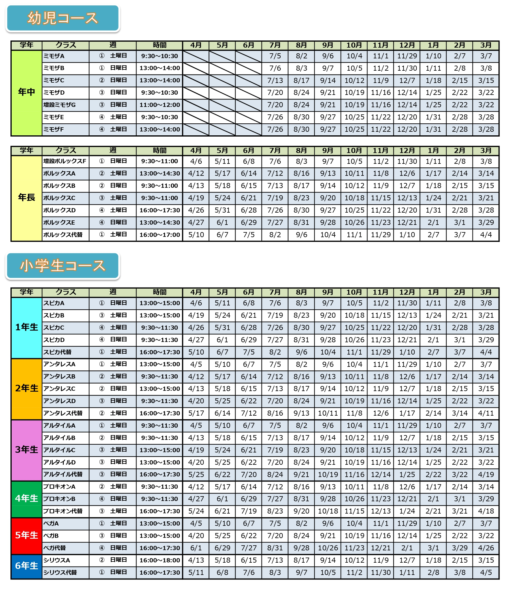 ベネッセサイエンス教室、たまプラーザ教室の2025年度日程表（時間割）