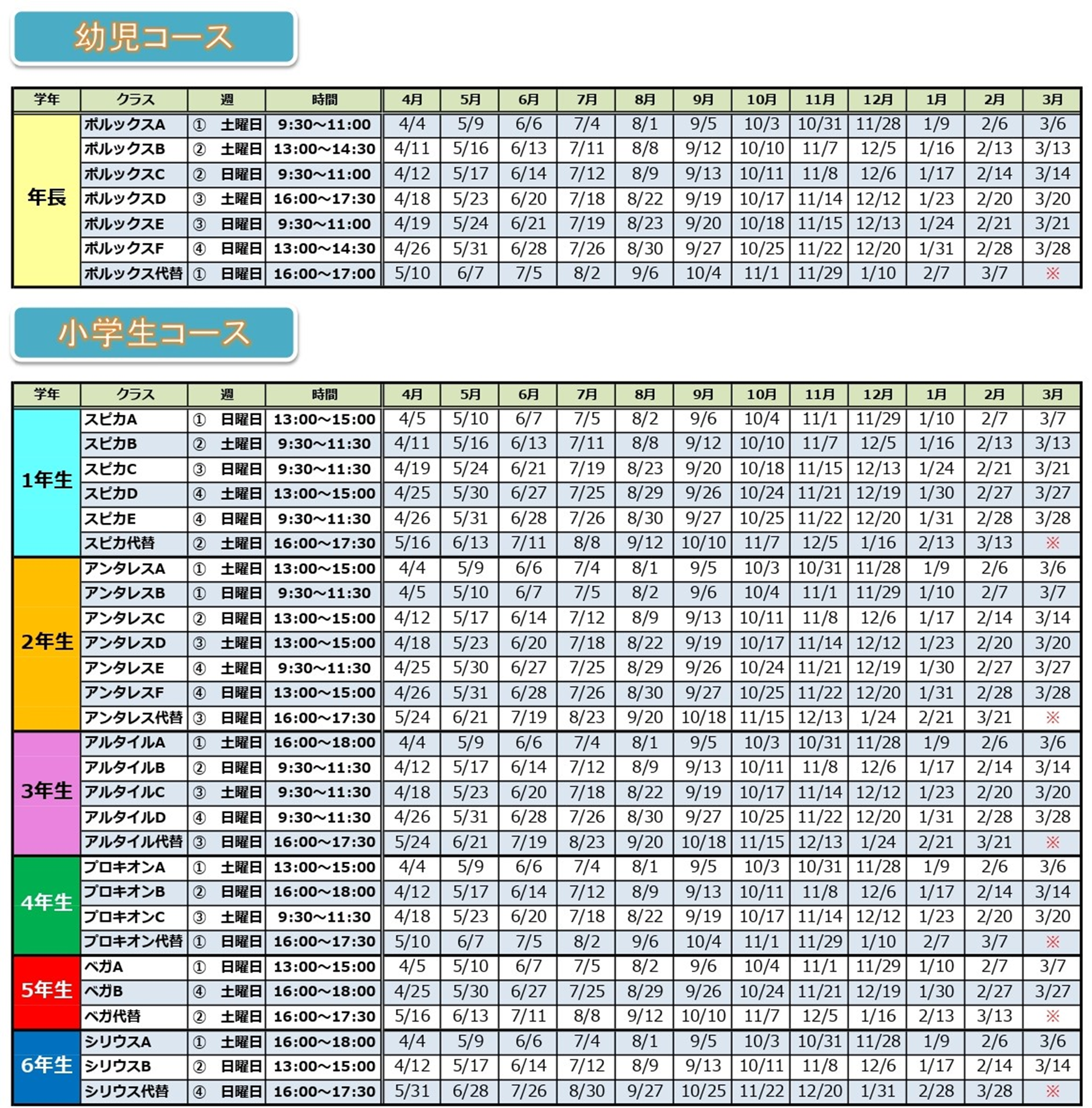 ベネッセサイエンス教室、用賀教室の2026年度日程表（時間割）